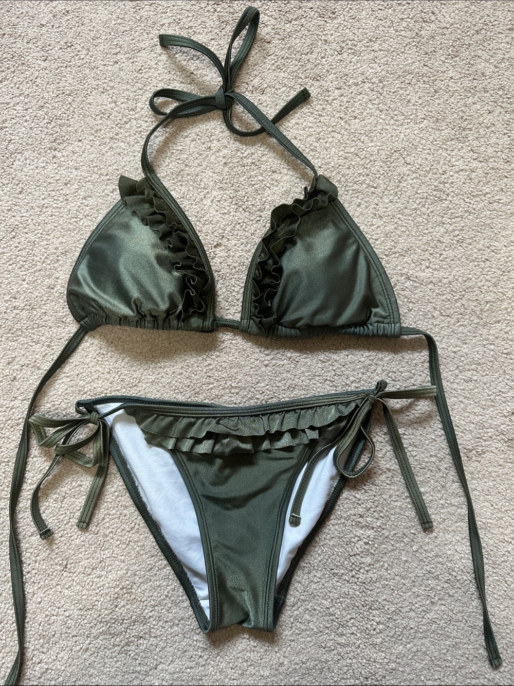 Olive Green Ruffle Tie-Side Bikin
